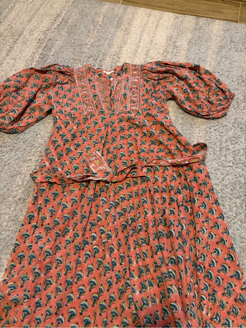 Marea by Liz Joy Cotton Block Print House Maxi Dress Boho Coral Pink Sz 2 Belted - Picture 2 of 8